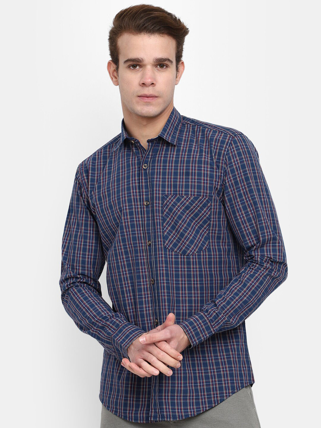 

V-Mart Classic Tartan Checked Spread Collar Cotton Shirt, Navy blue