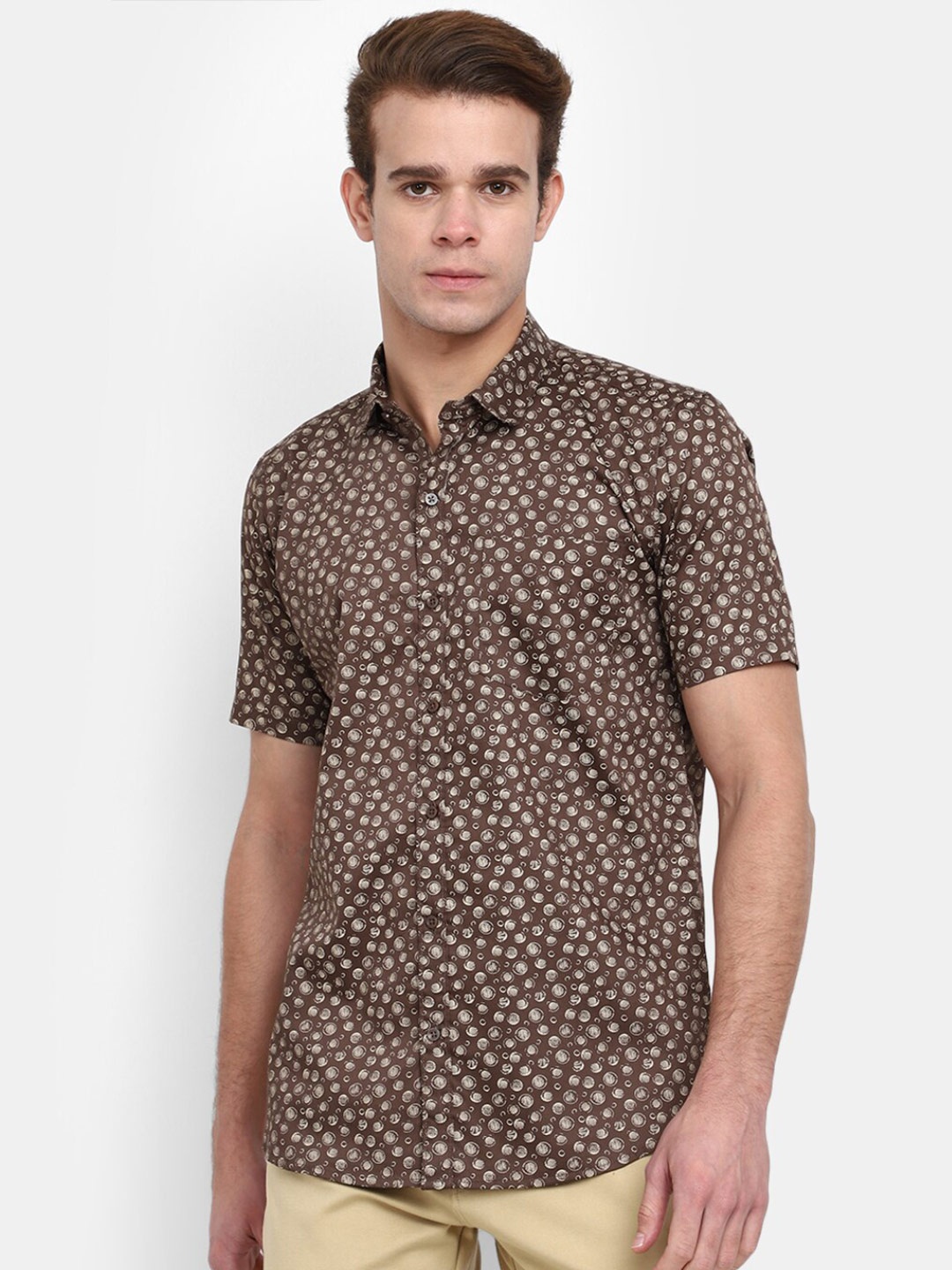 

V-Mart Classic Printed Spread Collar Casual Shirt, Brown
