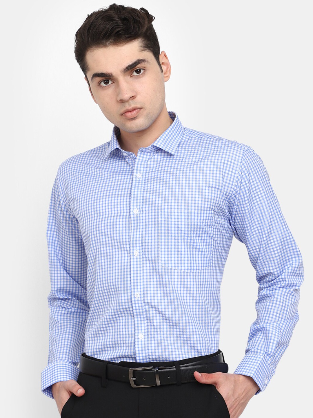 

V-Mart Classic Micro Checked Spread Collar Cotton Shirt, Blue