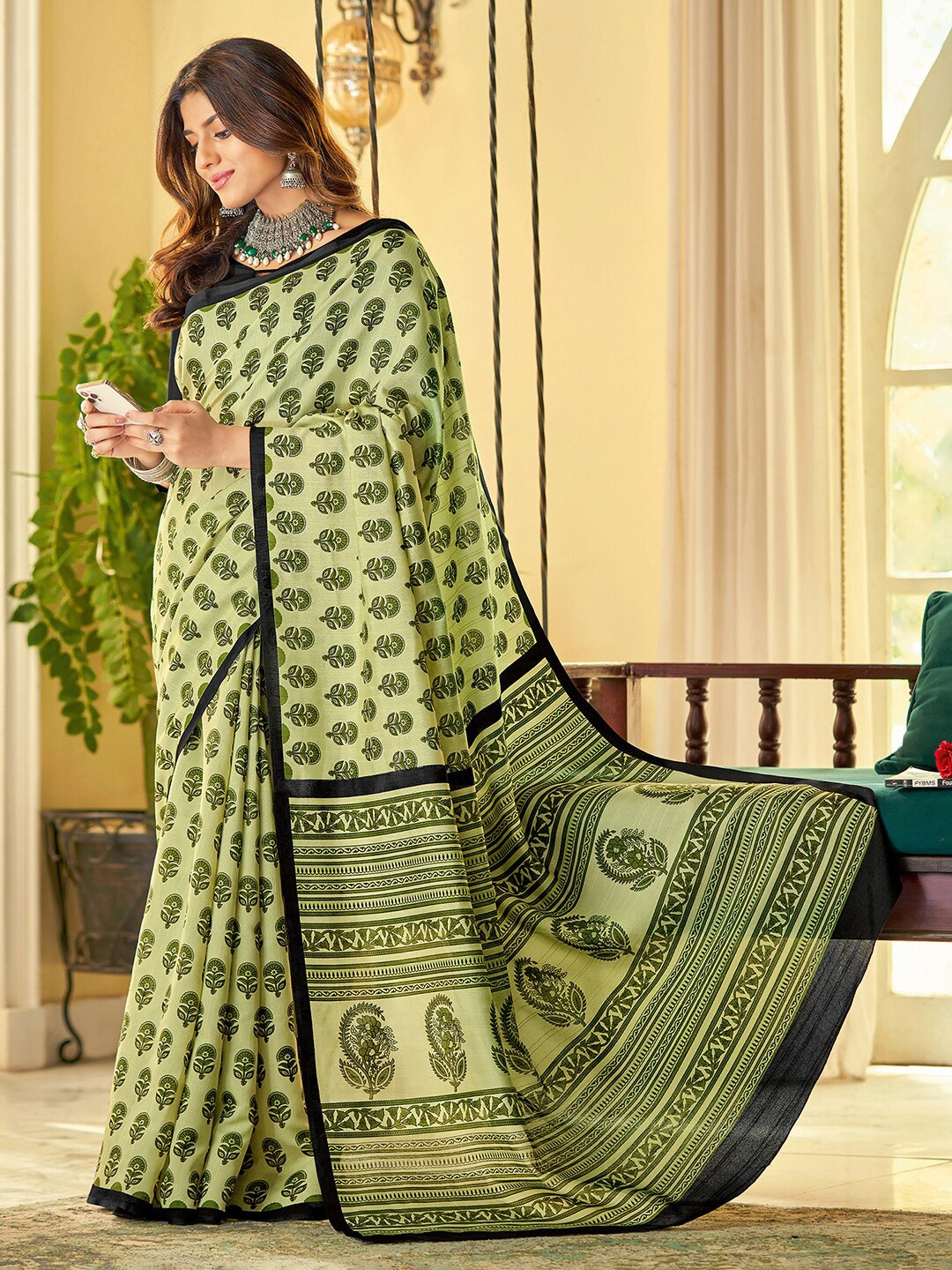 

KALINI Ethnic Motifs Printed Dabu Saree, Green