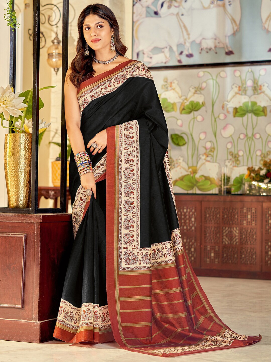 

KALINI Ethnic Motif Printed Zari Tussar Saree, Black