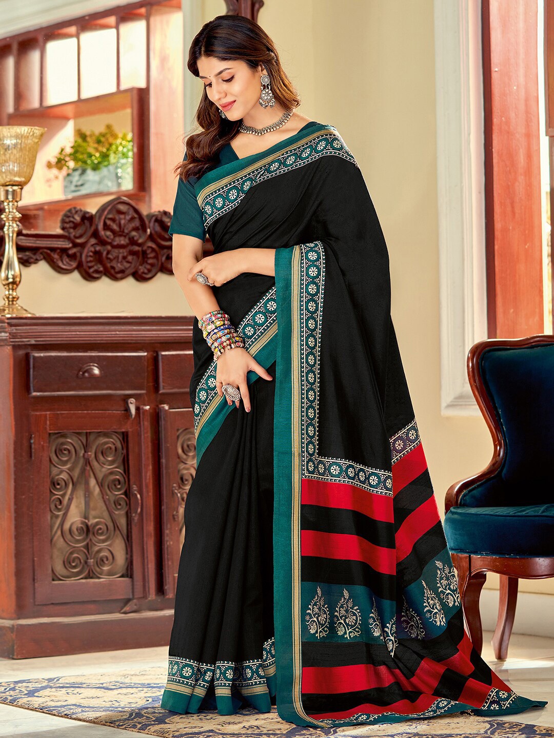 

KALINI Ethnic Motif Printed Zari Tussar Saree, Black