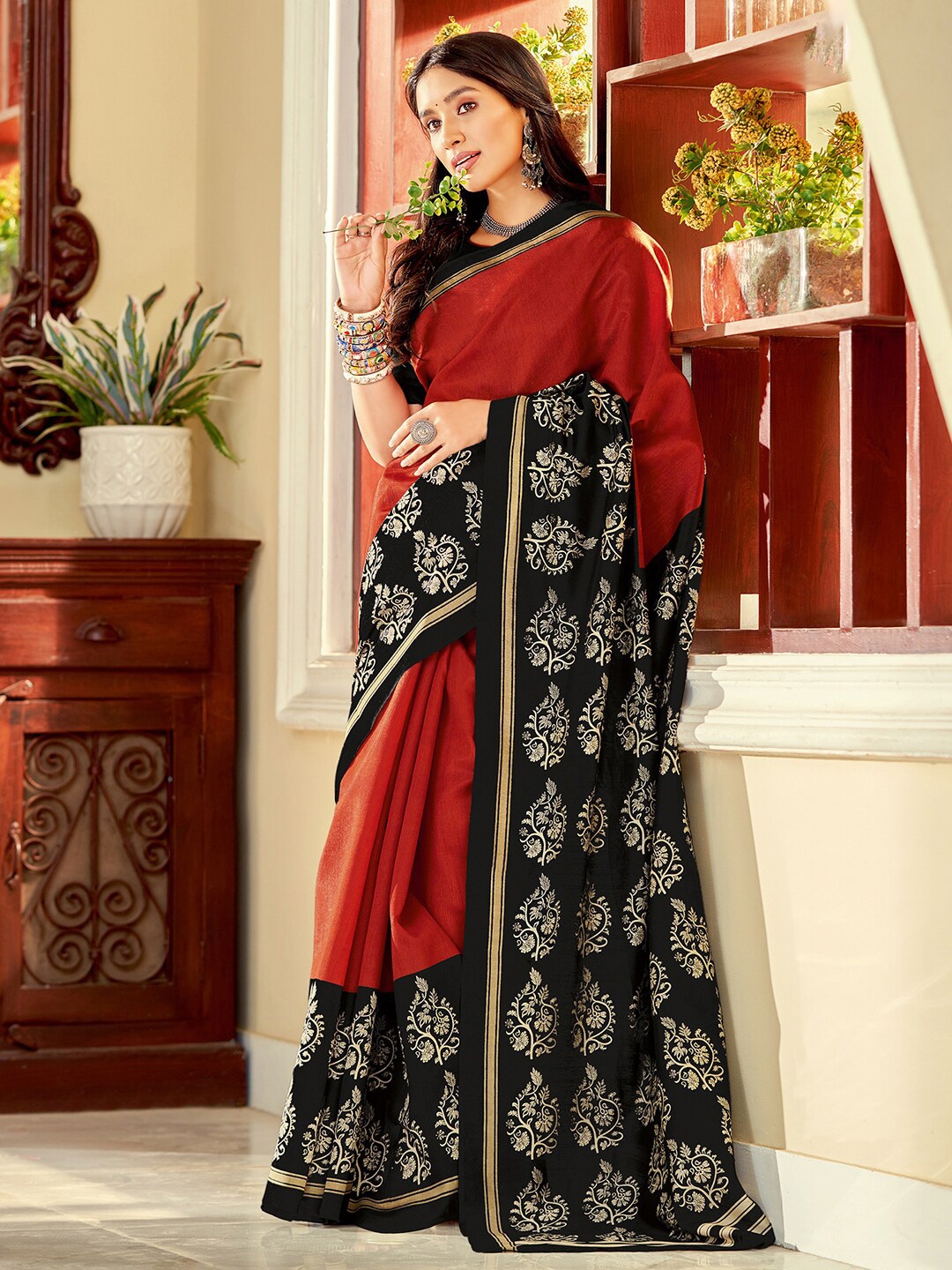 

KALINI Ethnic Motif Printed Zari Tussar Saree, Red