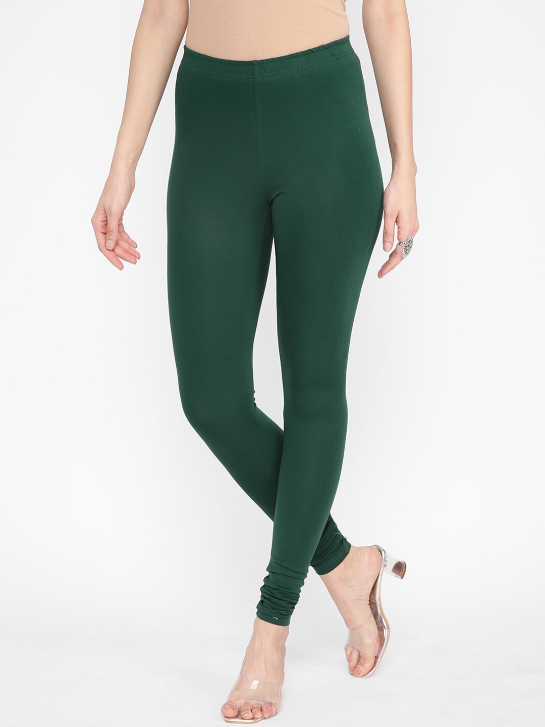 

R&B Women Mid-Rise Cotton Churidar Length Leggings, Green