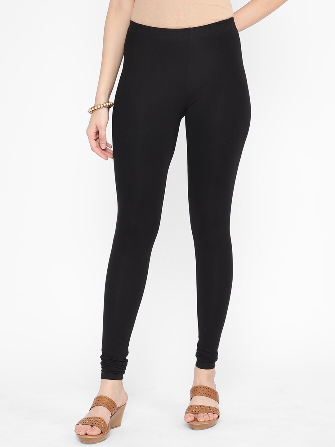 

R&B Women Mid-Rise Cotton Churidar Length Leggings, Black