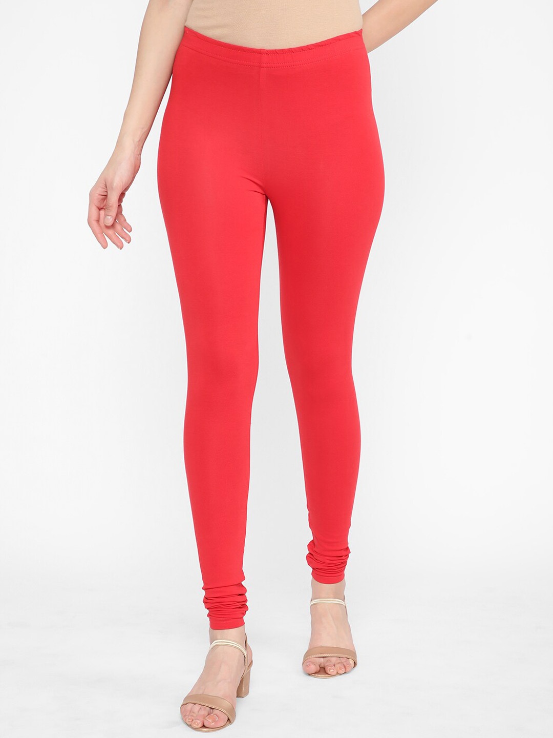 

R&B Women Mid-Rise Cotton Churidar Length Leggings, Red