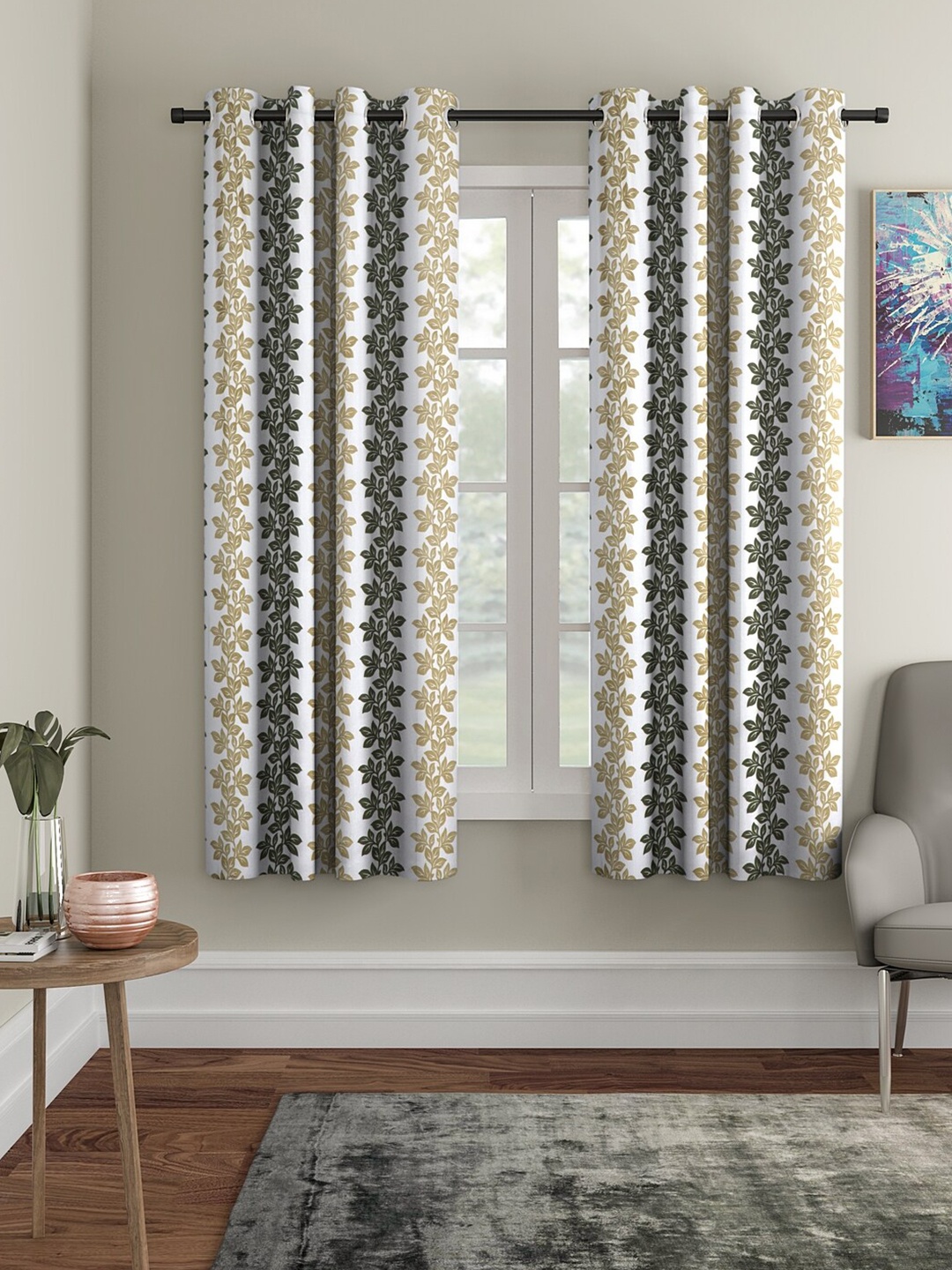 

Cortina Olive Green & White 2 Pieces Floral Printed Window Curtains