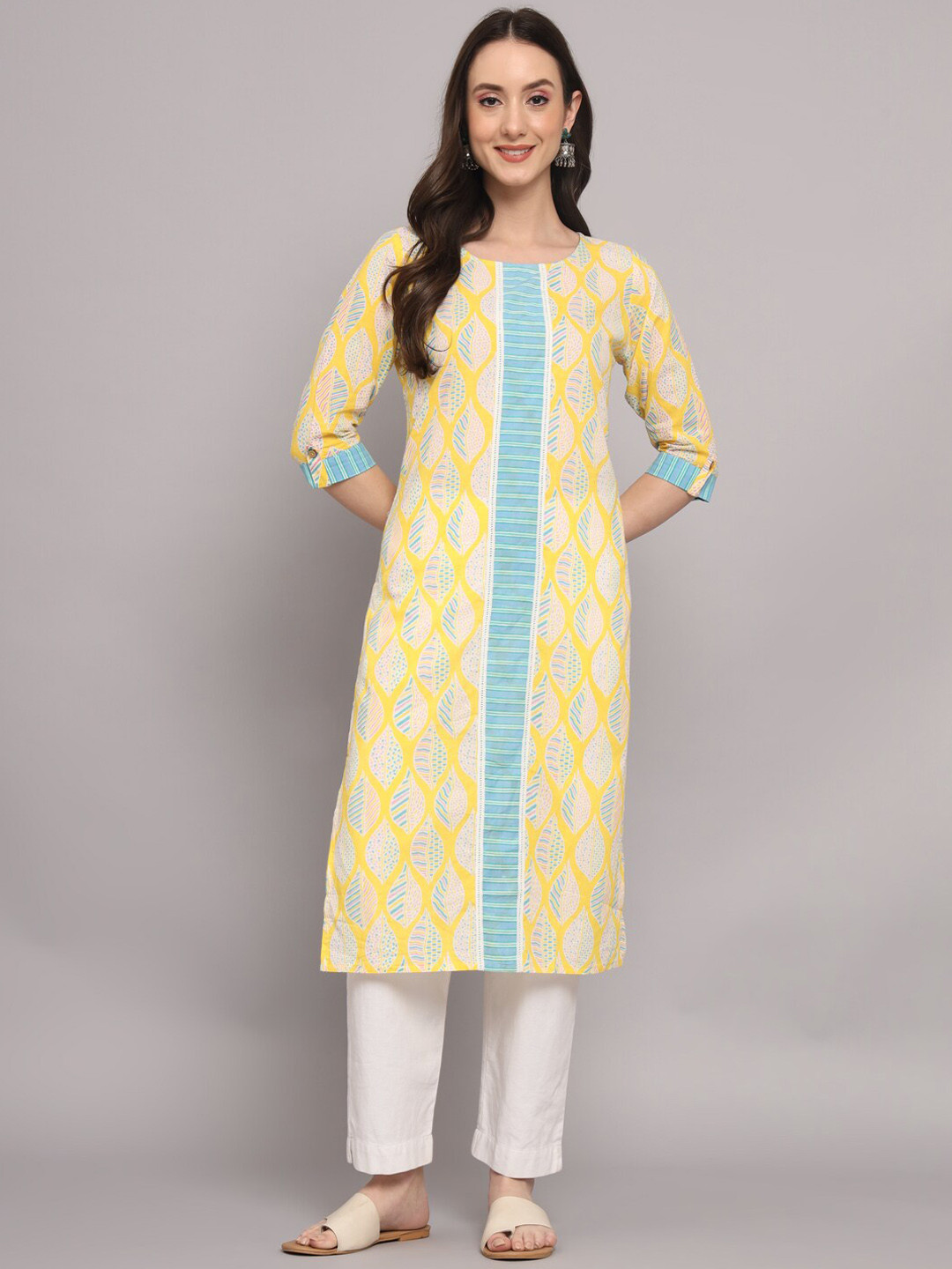 

Myshka Floral Printed Roll Up Sleeves Pure Cotton Straight Kurta, Yellow