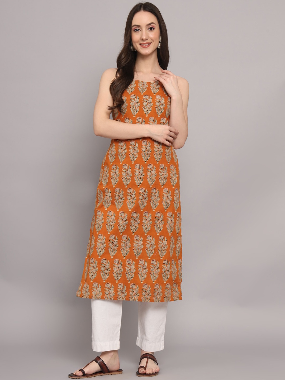 

Myshka Floral Printed Shoulder Straps Pure Cotton Kurta, Mustard