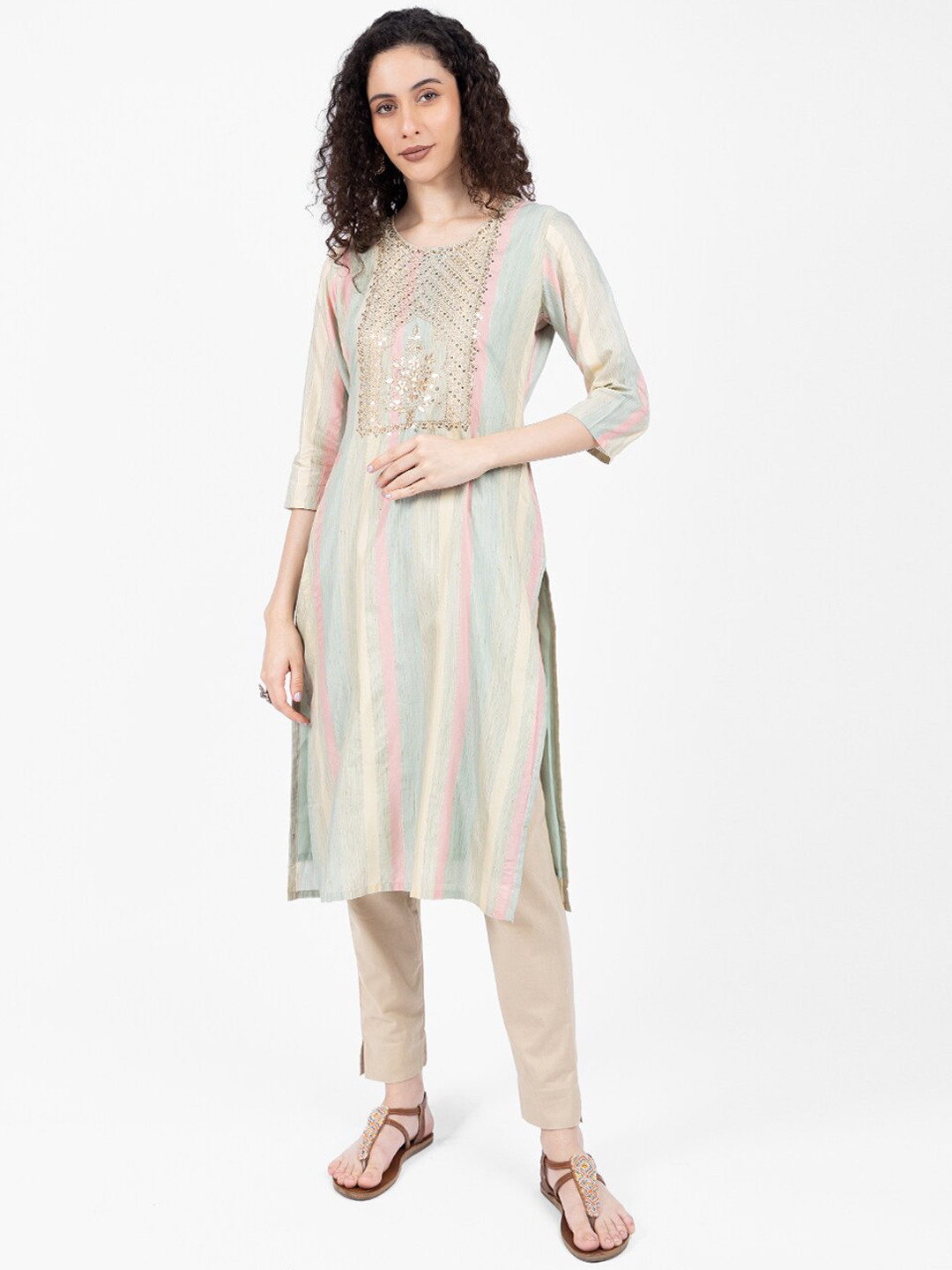 

Rmya Striped Sequinned Straight Kurta, Beige