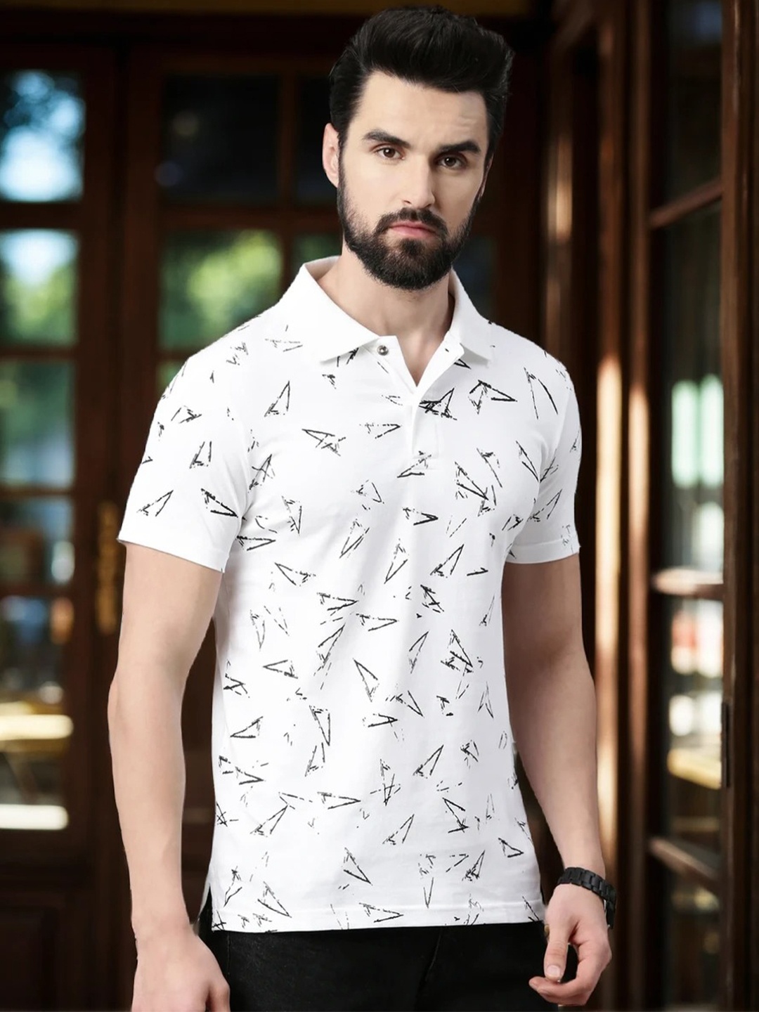 

Kryptic Geometric Printed Polo Collar Pure Cotton T-shirt, White
