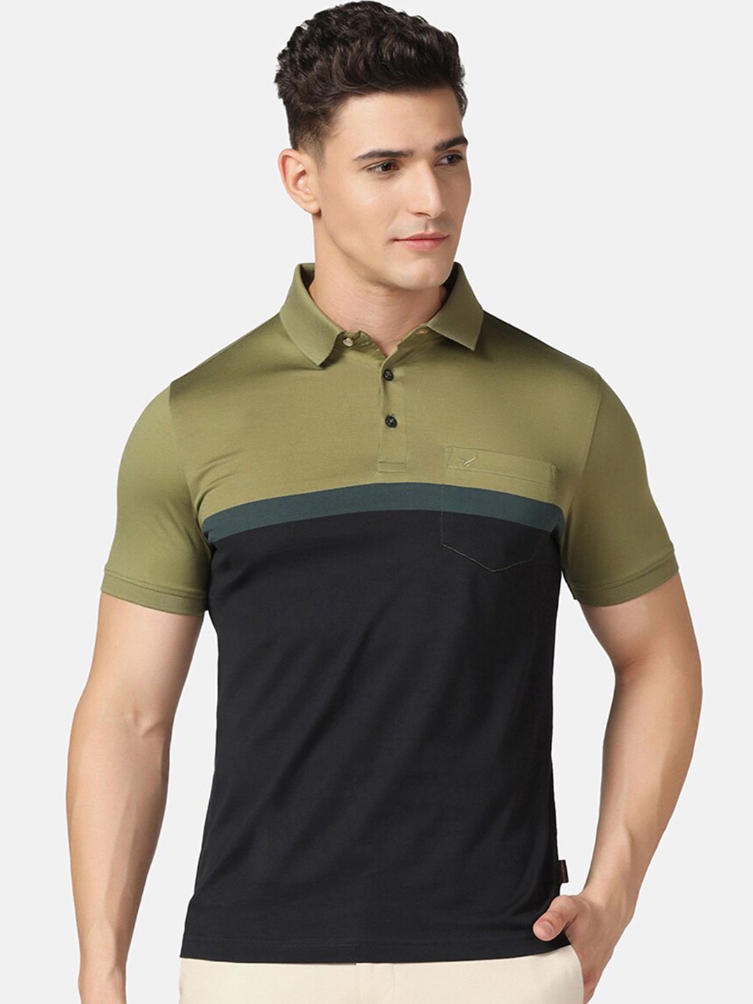 Blackberrys Colourblocked Polo Collar Slim Fit Pure Cotton T-shirt, Olive