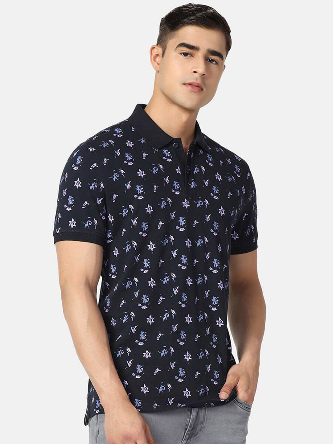 

Blackberrys Floral Printed Polo Collar Pure Cotton Slim Fit T-shirt, Navy blue