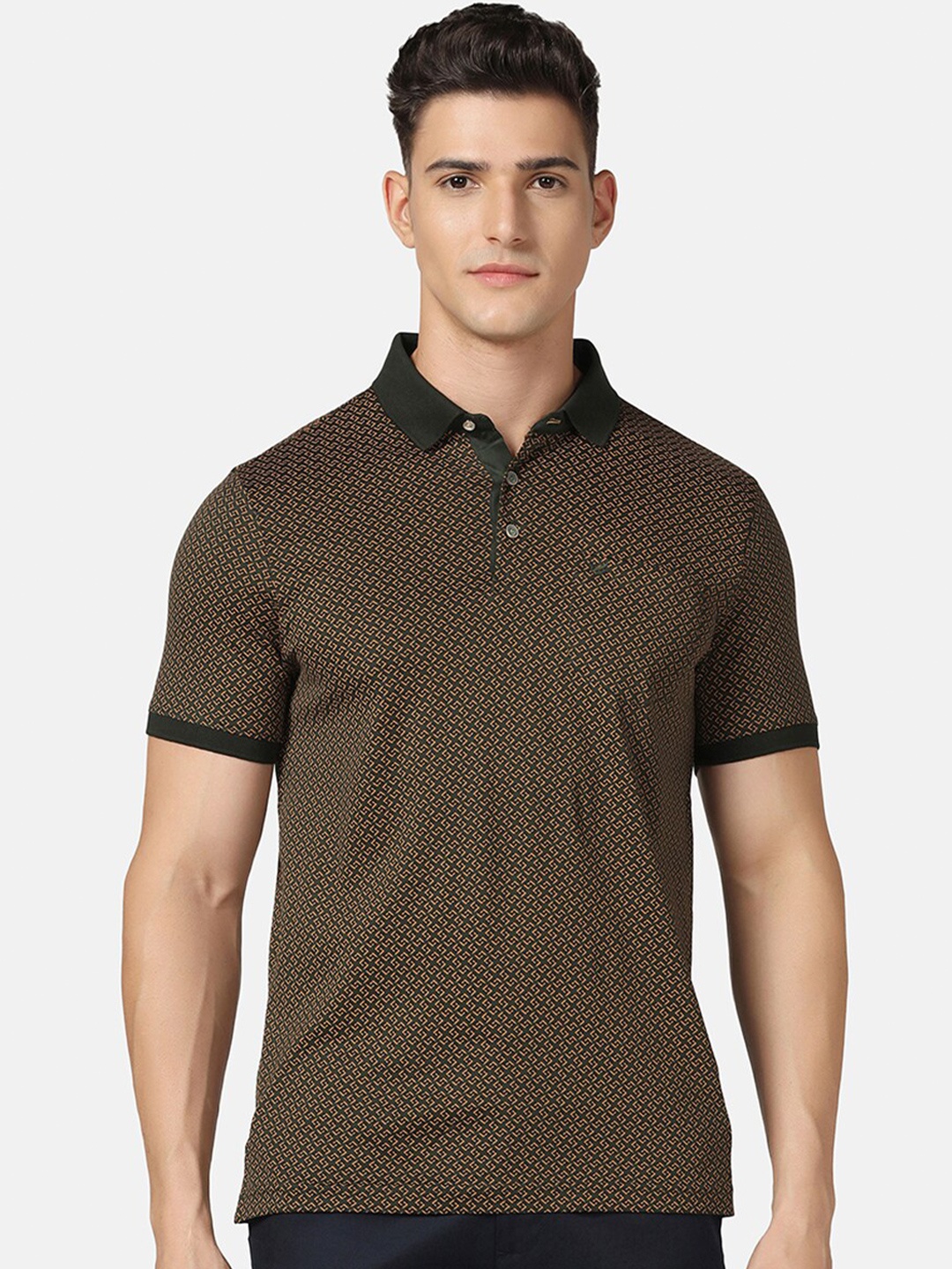 

Blackberrys Micro Ditsy Printed Polo Collar Pure Cotton Slim Fit T-shirt, Olive