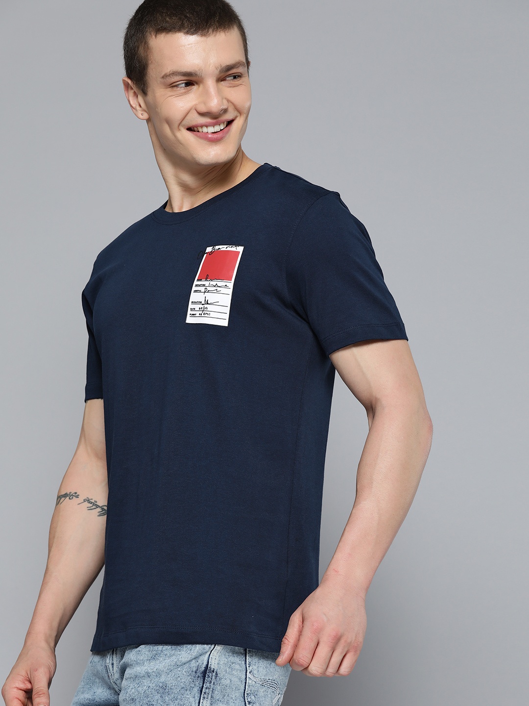 

Mast & Harbour Typography Printed Pure Cotton T-shirt, Navy blue