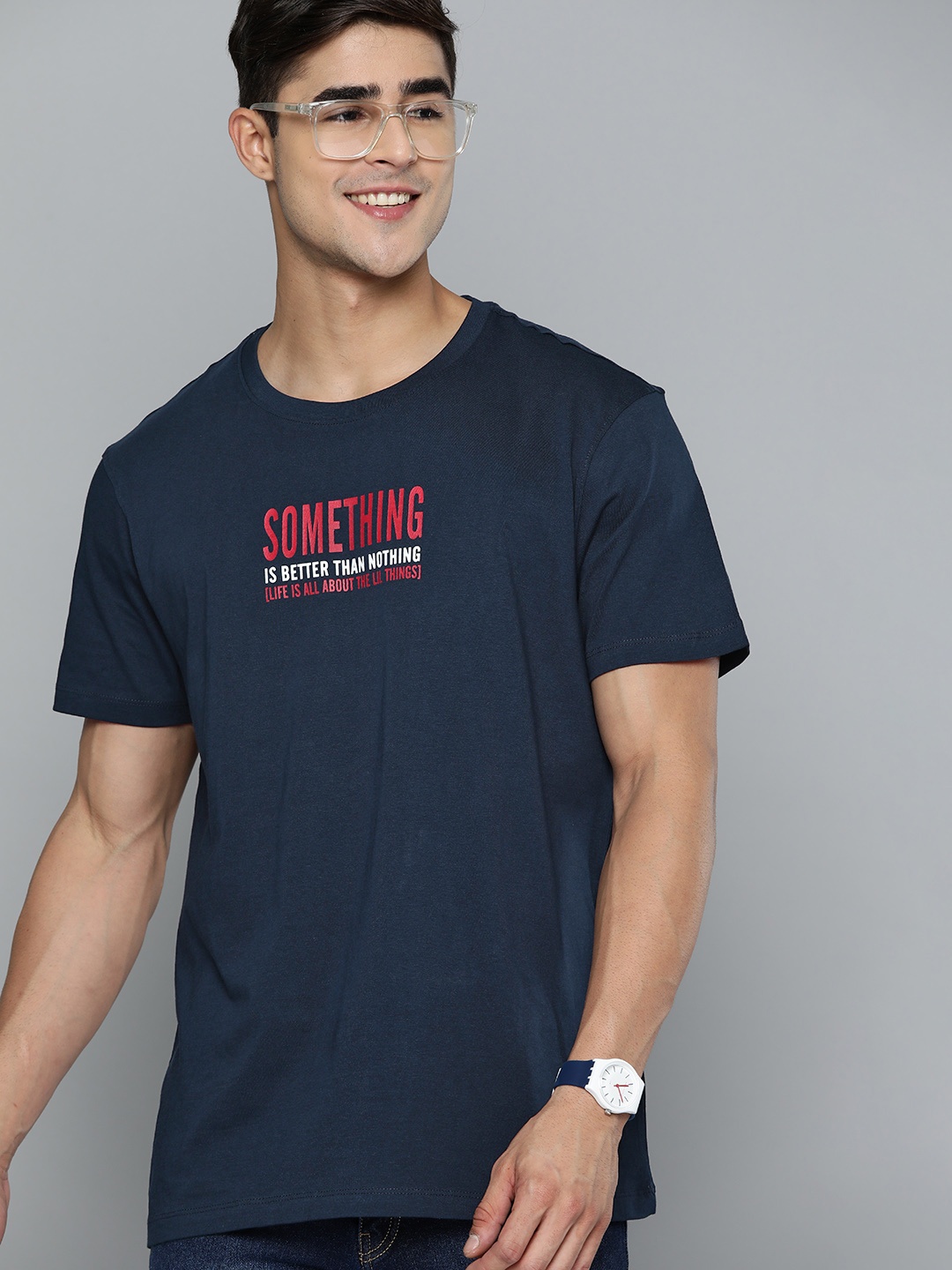 

Mast & Harbour Printed Pure Cotton T-shirt, Navy blue