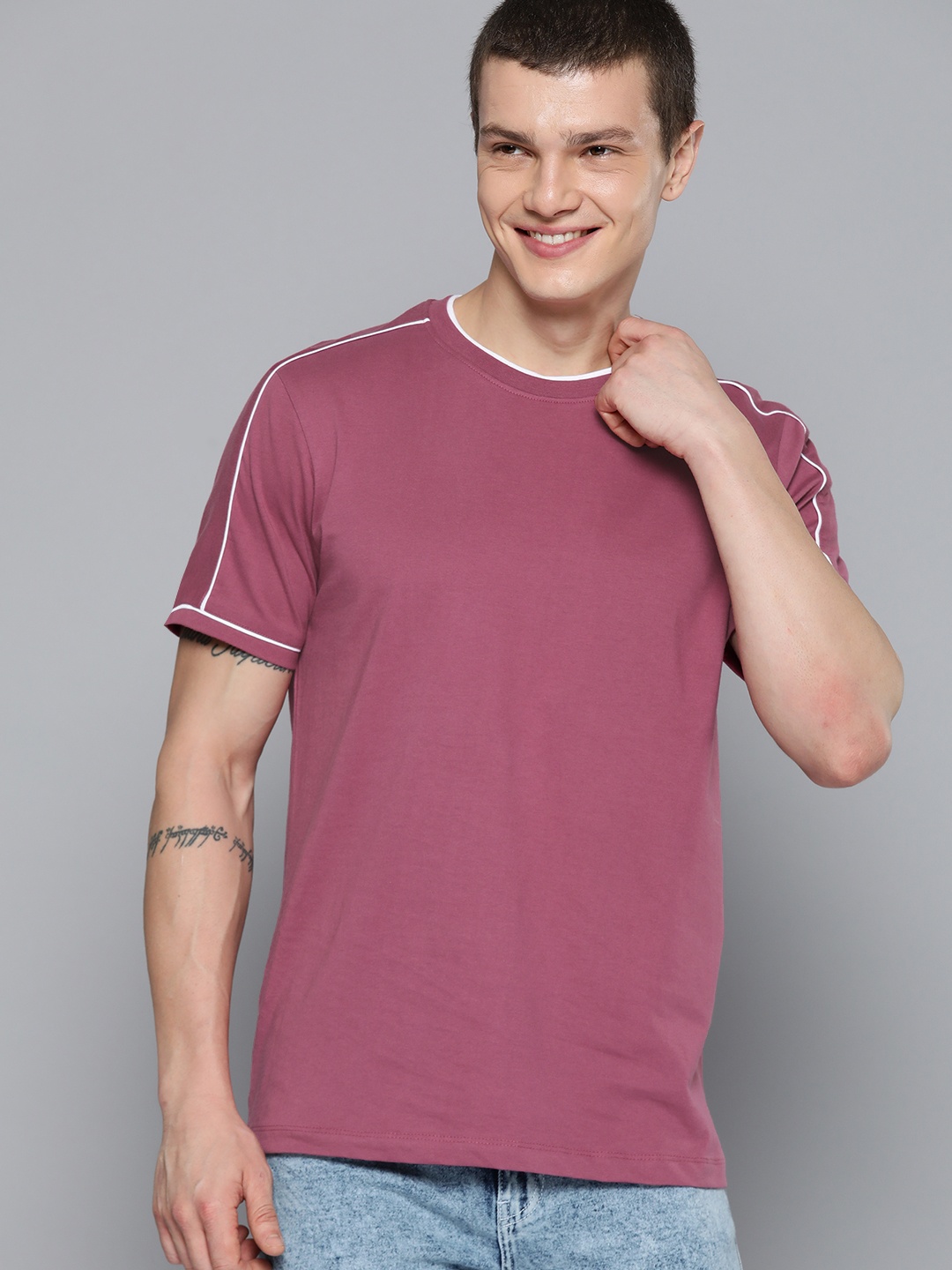 

Mast & Harbour Men Solid Pure Cotton T-shirt, Rose