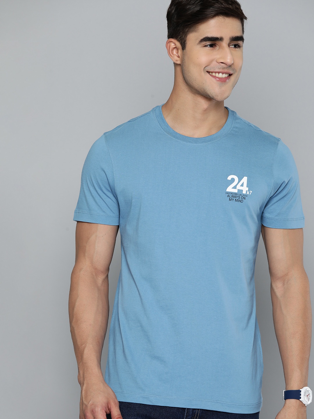 Mast & Harbour Solid Pure Cotton T-shirt, Blue