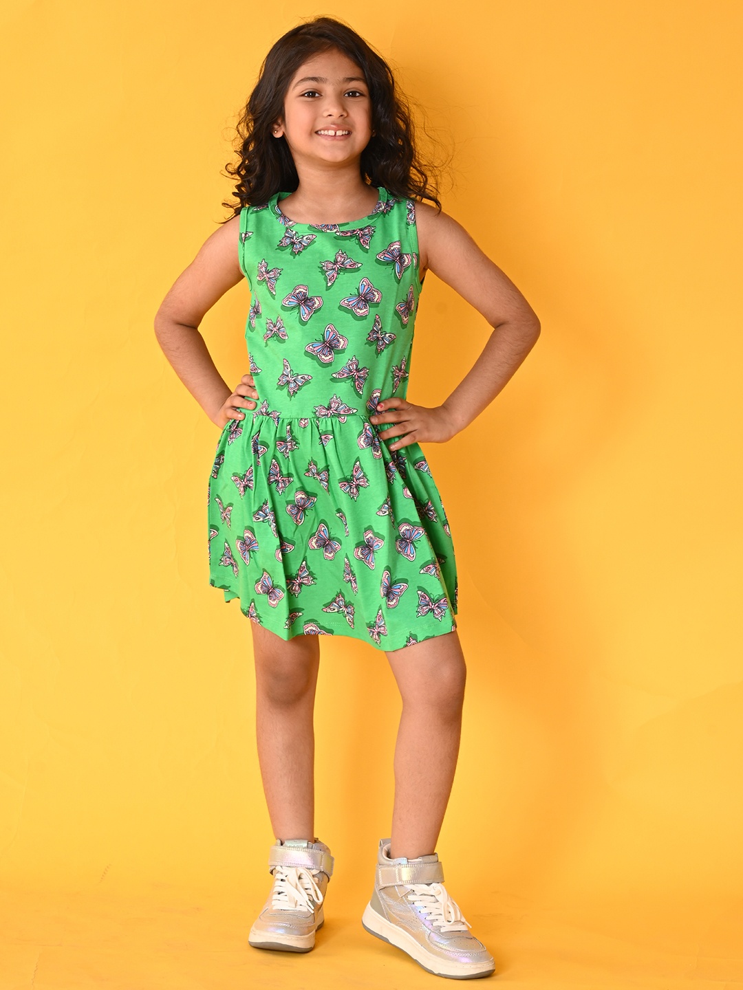 

Anthrilo Girls Conversational Printed Cotton Fit & Flare Dress, Green