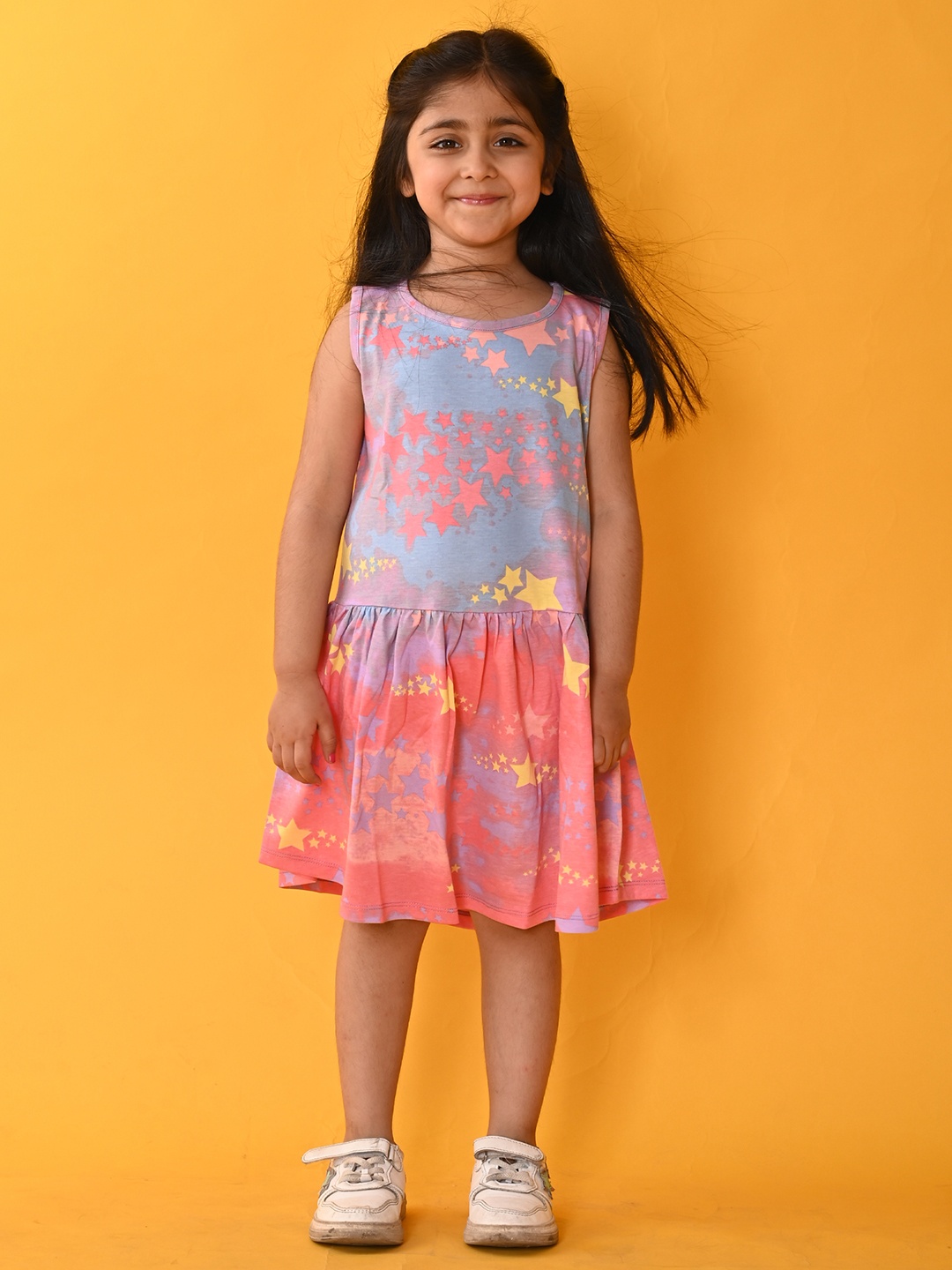 

Anthrilo Girls Star Printed Tie & Dye Cotton Drop-Waist Dress, Pink