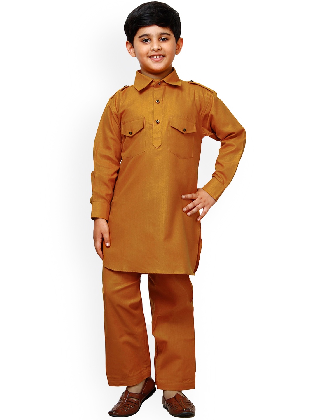 

Pro-Ethic STYLE DEVELOPER Boys Shirt Collar Pathani Kurta With Pyjamas, Mustard