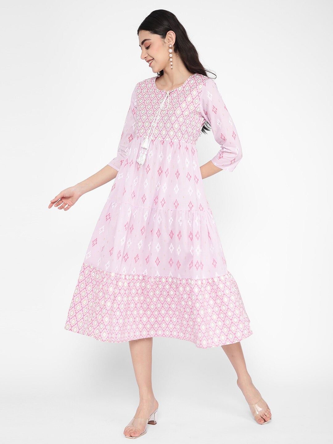 

R&B Geometric Printed Keyhole Neck Tiered Cotton A-Line Dress, Pink