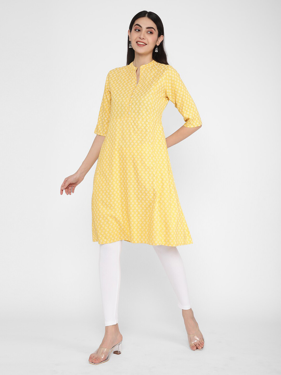 

R&B Floral Printed Mandarin Collar A-Line Kurta, Yellow