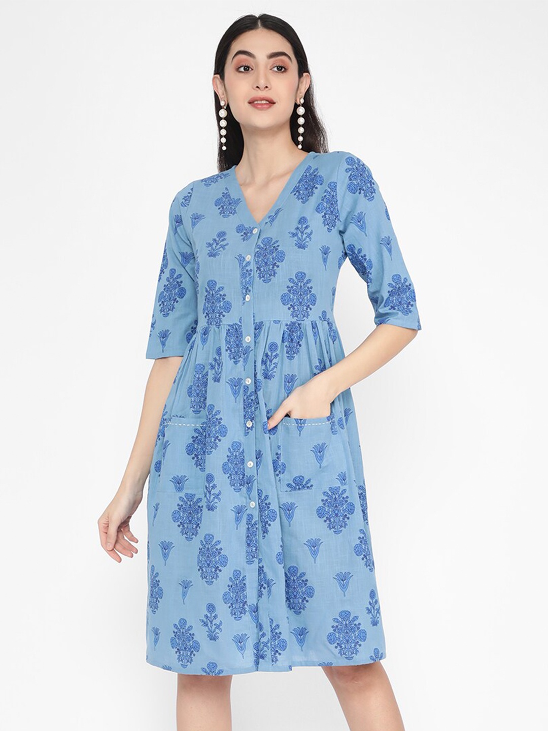 

R&B Floral Printed Cotton A-Line Dress, Blue
