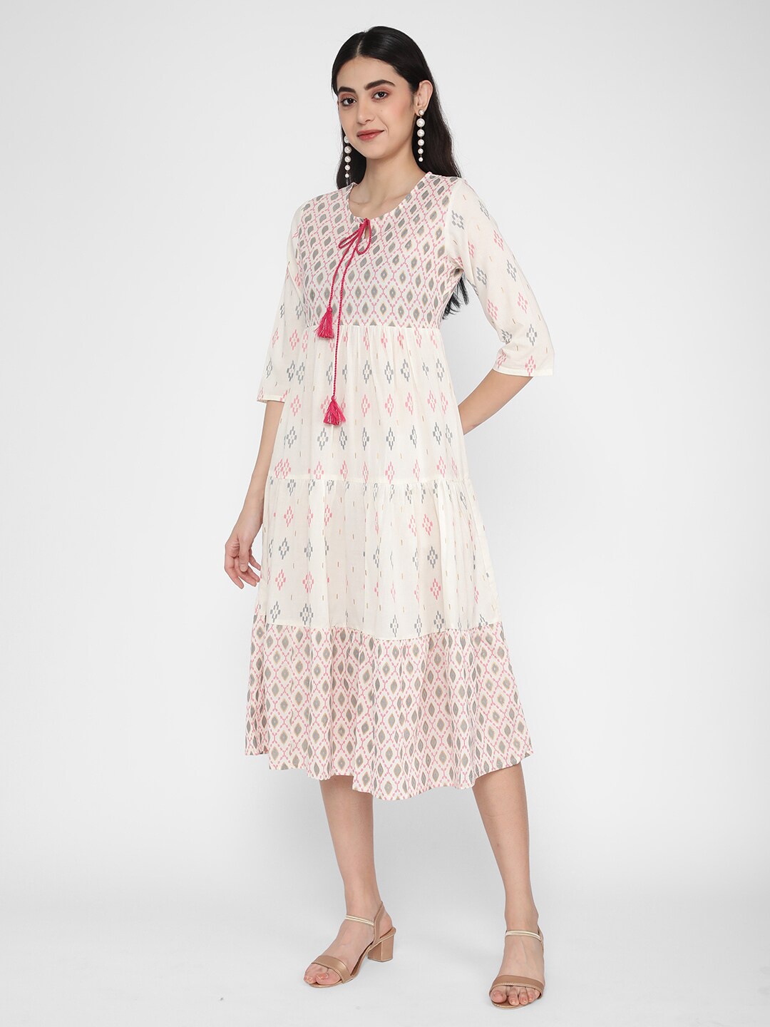 

R&B White Ethnic Motifs Print Tie-Up Neck Puff Sleeve Fit & Flare Dress
