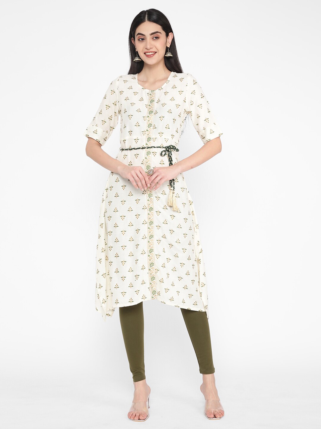 

R&B Floral Printed A-Line Kurta With Belt, White
