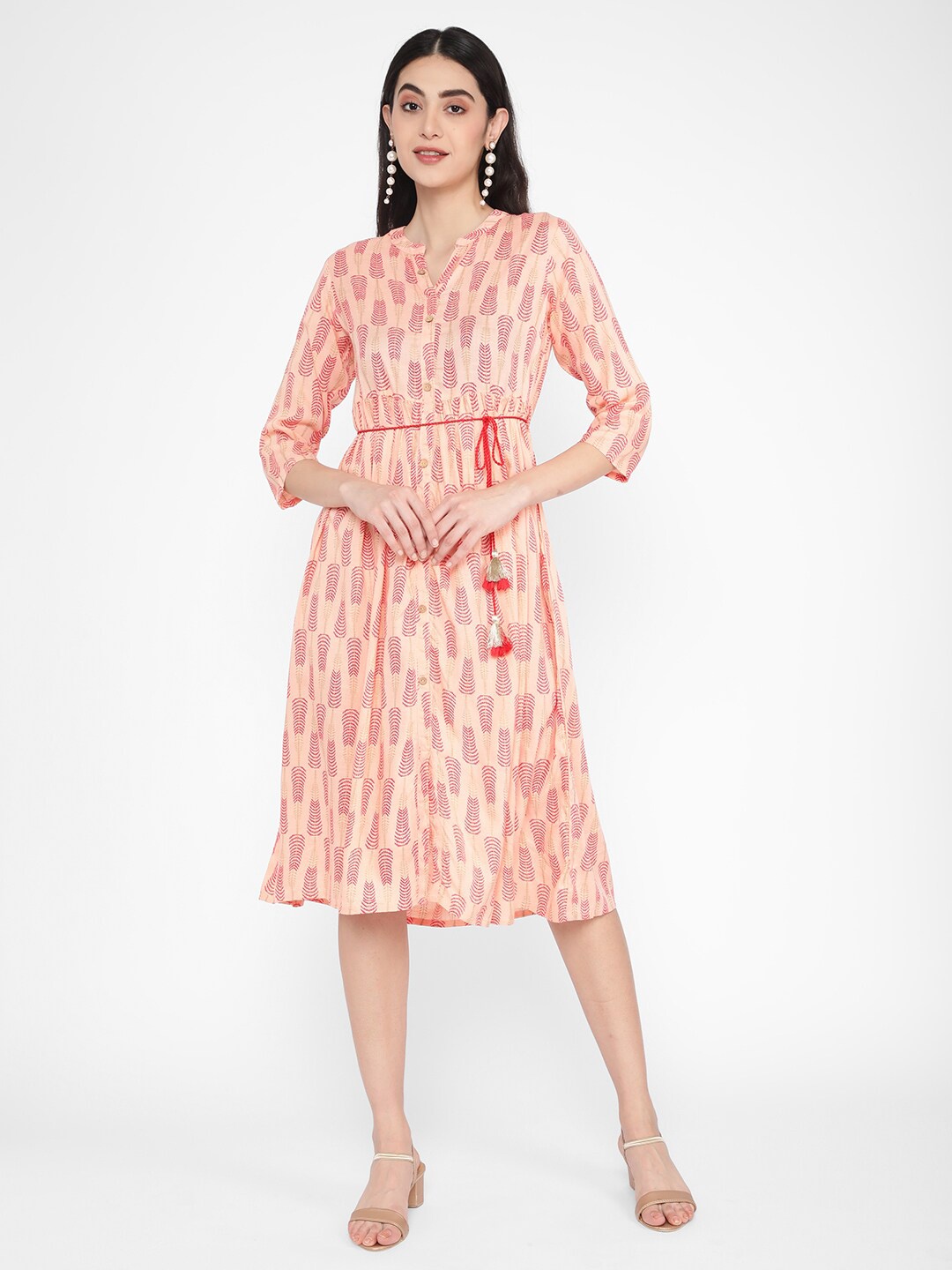 

R&B Floral Printed A-Line Midi Dress With Belt, Peach