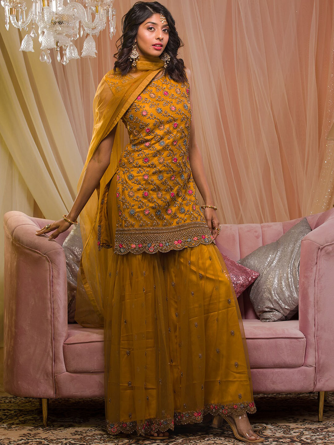 

Koskii Floral Embroidered Kurti with Sharara & Dupatta, Mustard