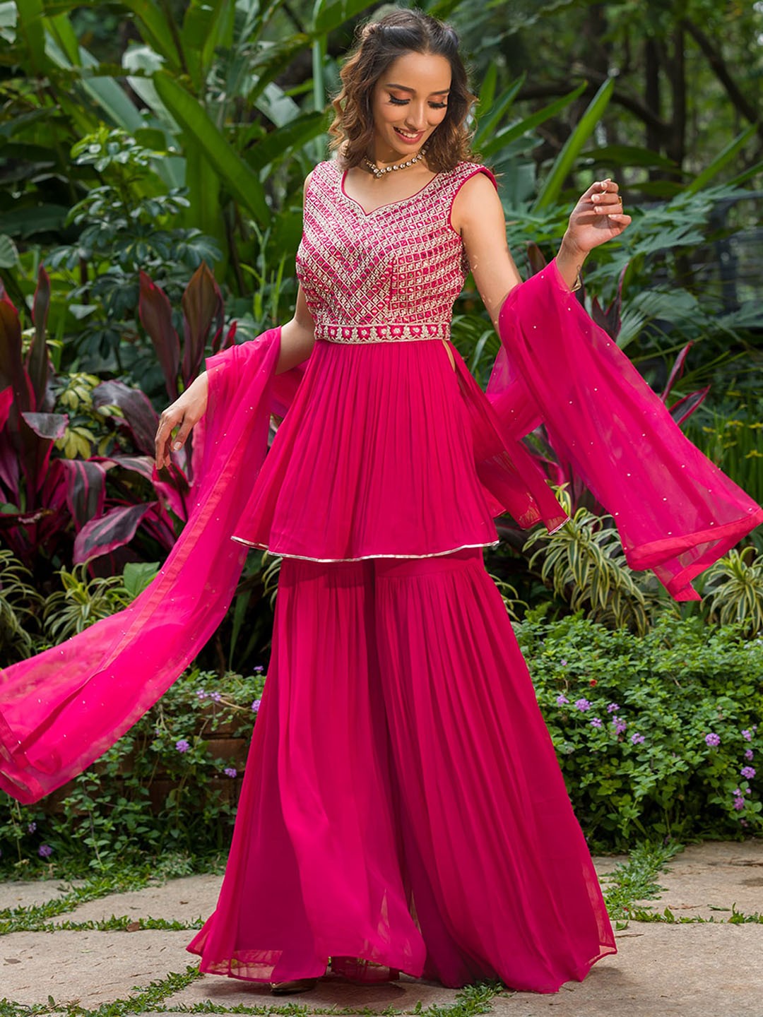 

Koskii Embroidered Mirror Work A-Line Kurti with Sharara & Dupatta, Pink