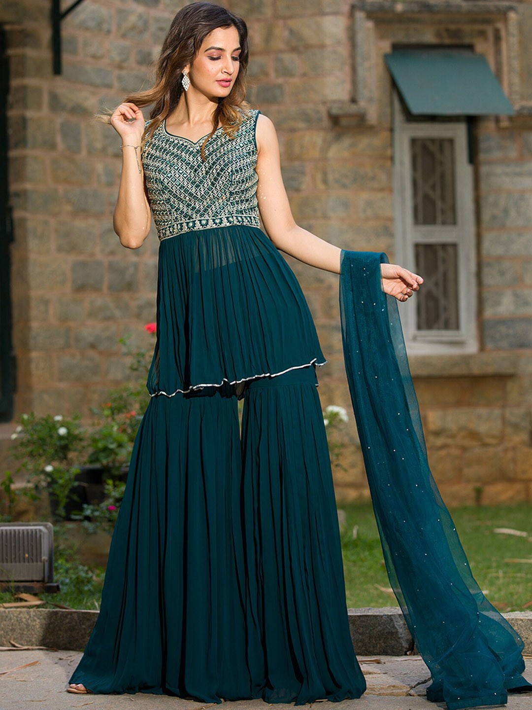 

Koskii Ethnic Motifs Embroidered A-Line Mirror Work Top with Sharara & Dupatta, Teal