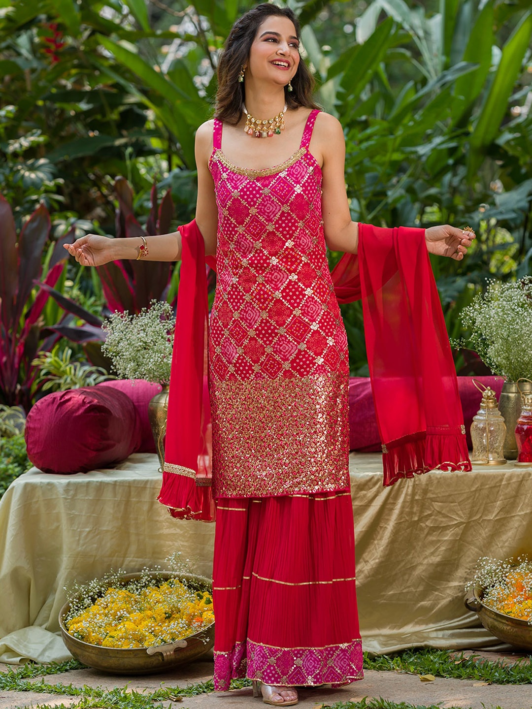 

Koskii Bandhani Printed Sequinned Kurti with Sharara & Dupatta, Fuchsia