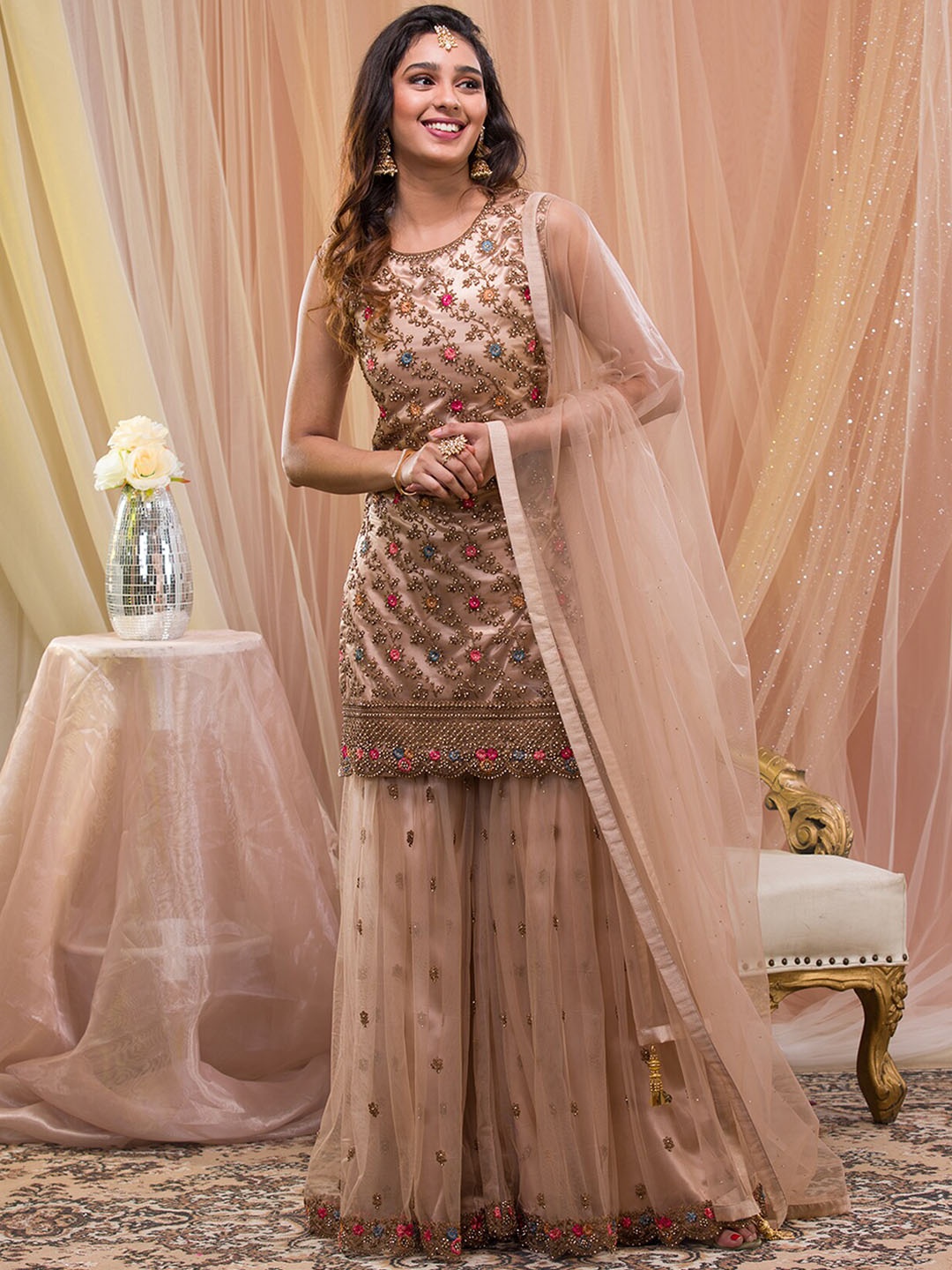 

Koskii Ethnic Motifs Embroidered Sequined Kurti with Sharara & Dupatta, Taupe