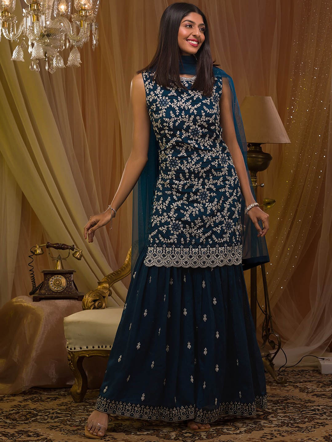 

Koskii Floral Embroidered Raw Silk Kurti with Sharara & Dupatta, Navy blue