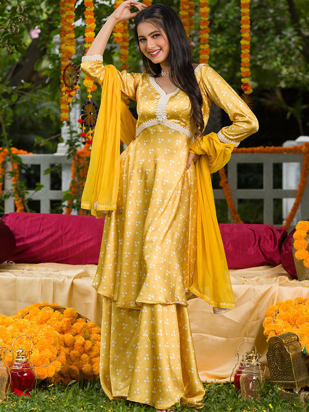 

Koskii Bandhani Printed Beads and Stones Kurta with Palazzos & Dupatta, Mustard