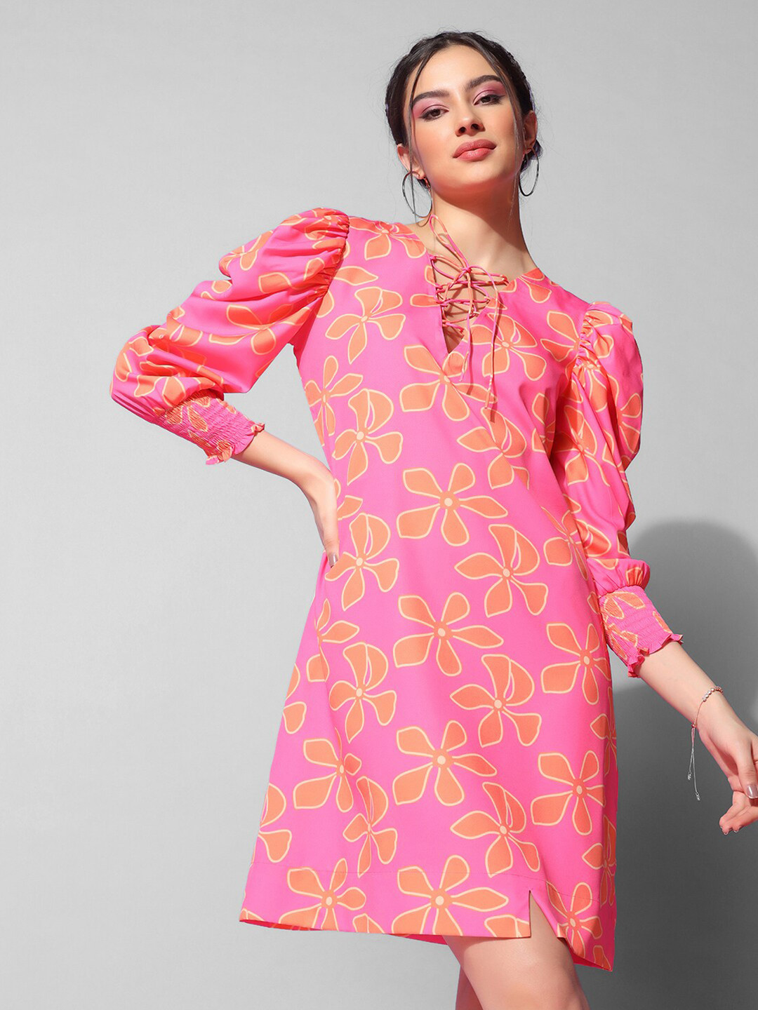 

Selvia Print Tie-Up Neck Puff Sleeve Crepe A-Line Dress, Pink