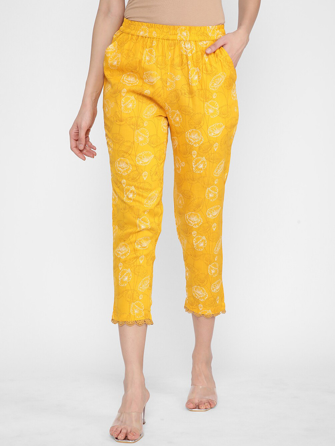 

R&B Women Floral Printed Low-Rise Pleated Trousers, Yellow