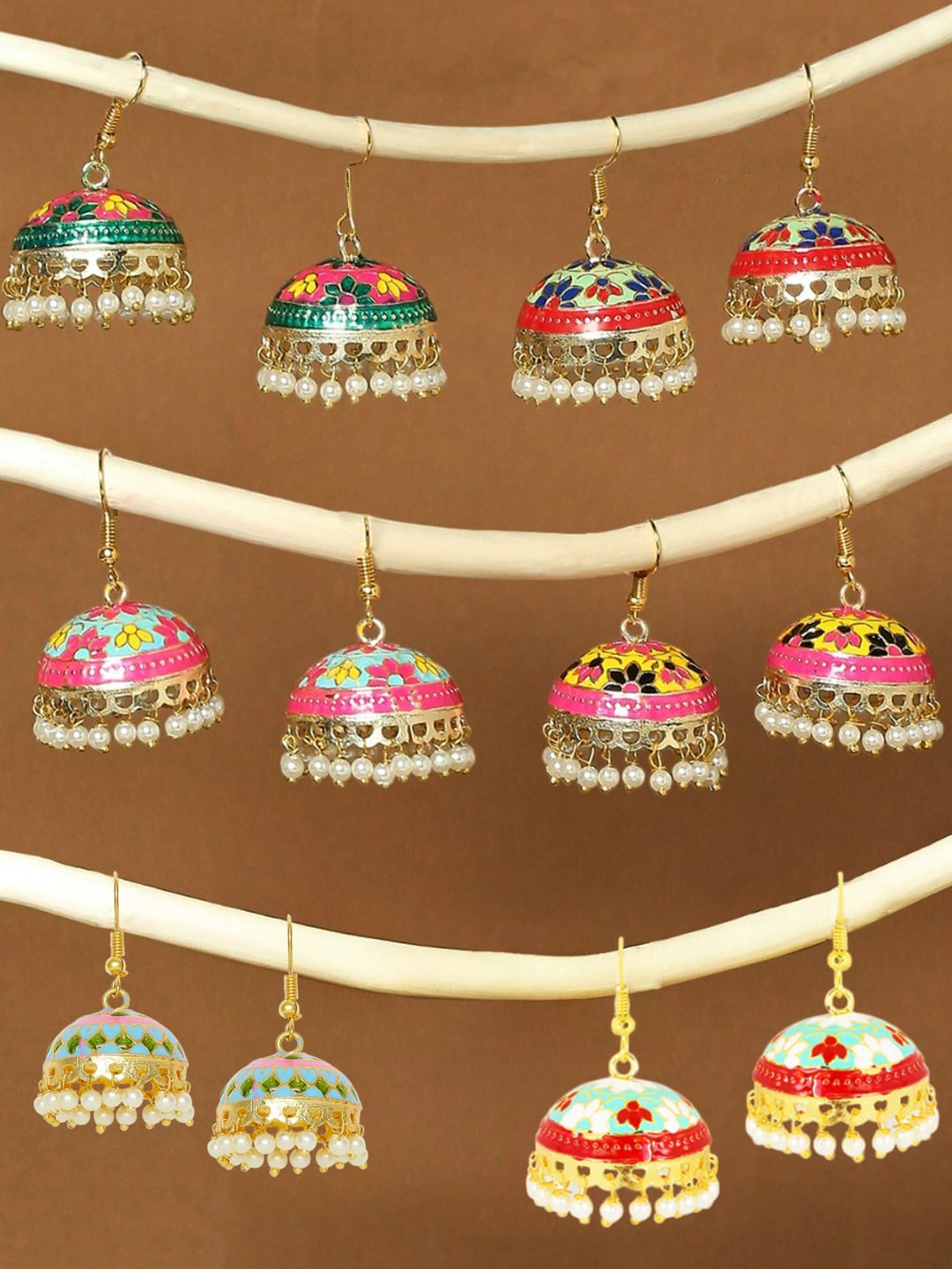 

OOMPH Set Of 6 Dome Shaped Meenakari Jhumkas Earrings, Gold