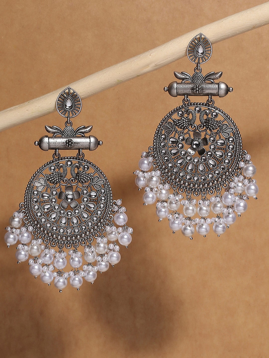 

OOMPH Peacock Shaped Oxidised Chandbalis Earrings, Silver