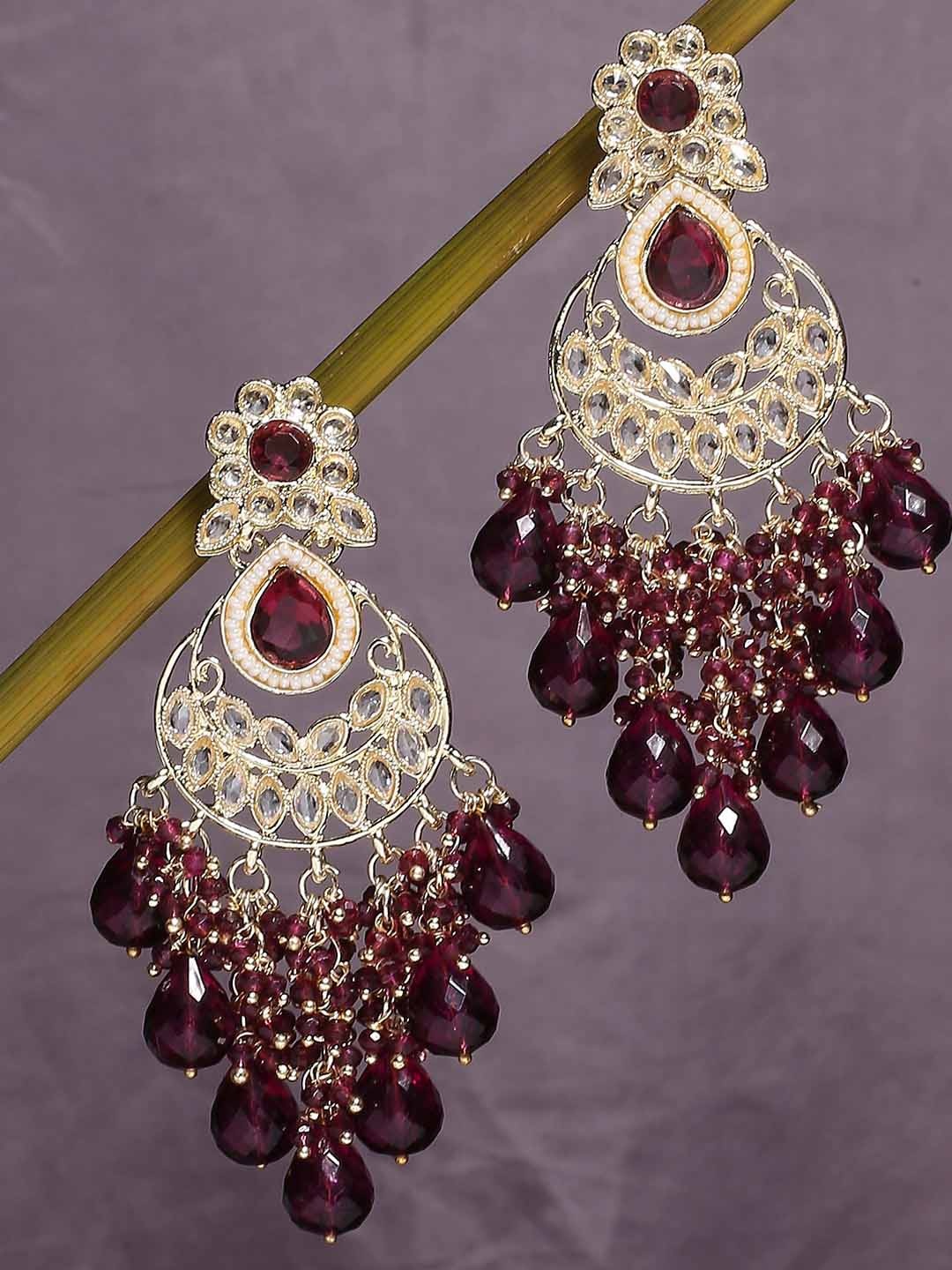 

OOMPH Peacock Shaped Kundan Chandbalis Earrings, Gold