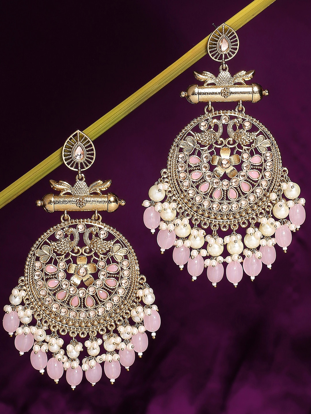 

OOMPH Peacock Shaped Chandbalis Kundan Earrings, Gold