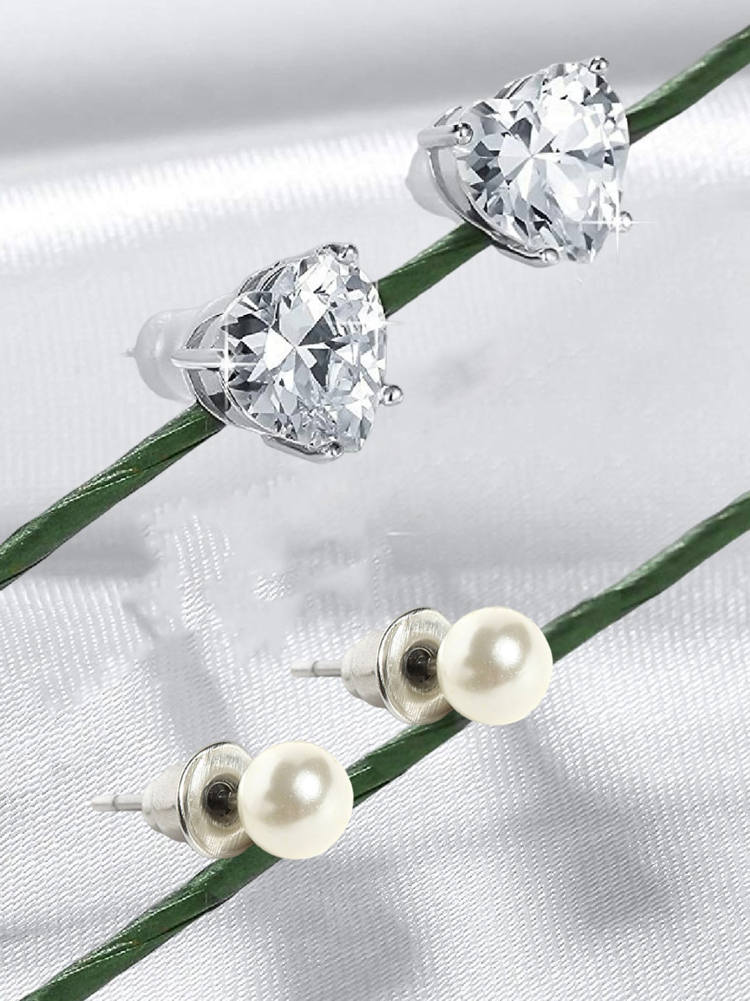 

OOMPH Set Of 2 Heart Shaped Studs Earrings, Silver