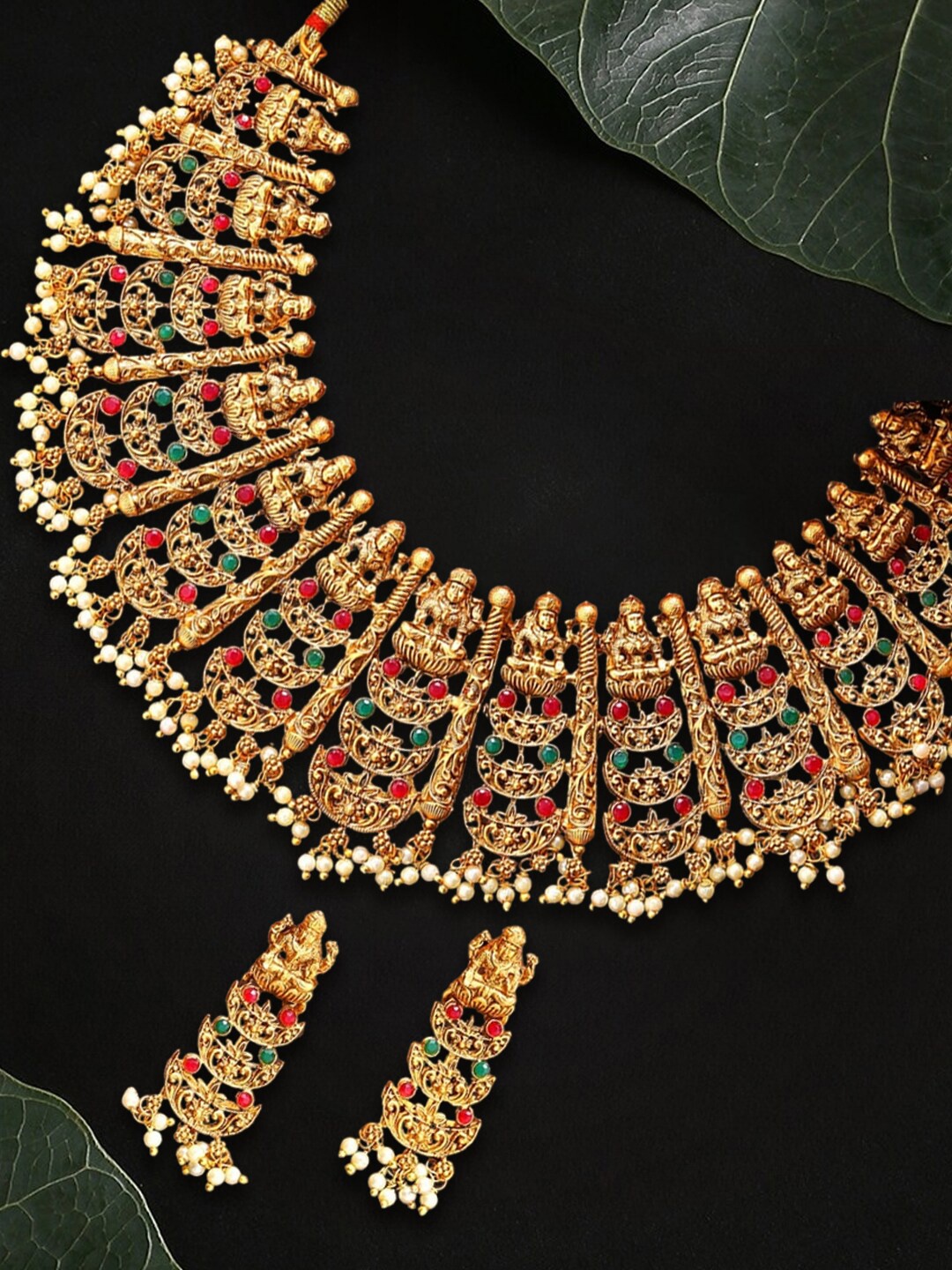 

OOMPH Gold-Plated Temple Motif Deigned Stone-Studded Jewellery Set