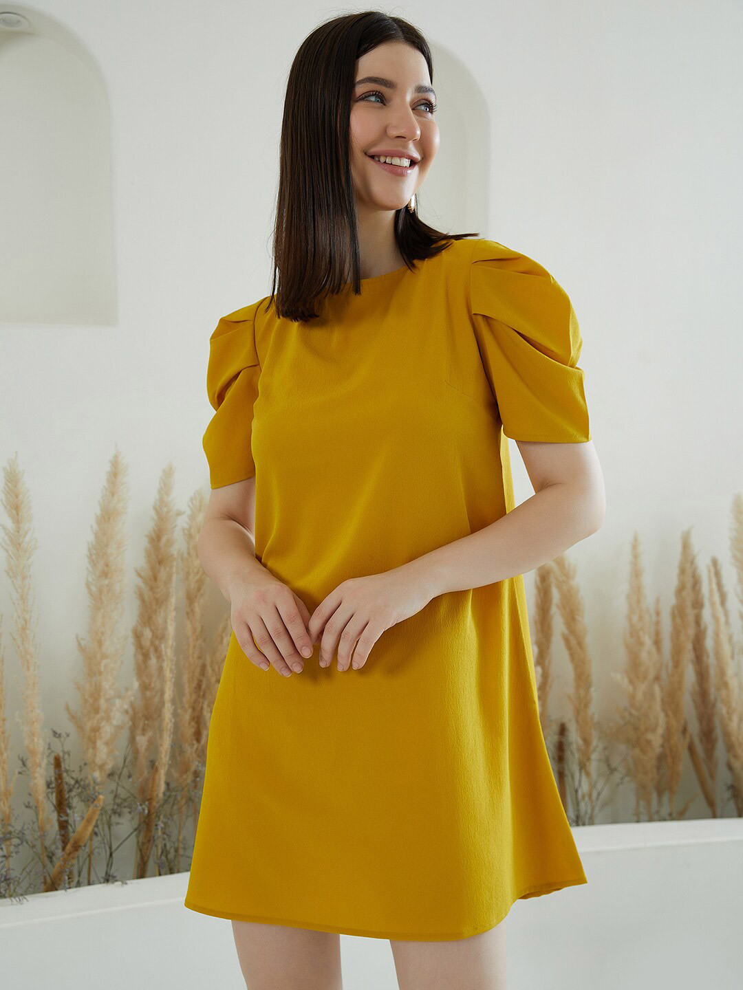 

Berrylush Yellow Crepe A-Line Dress