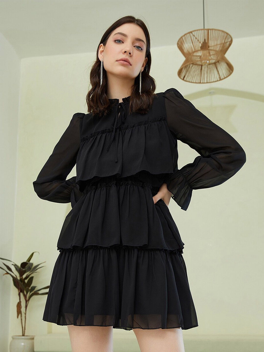 

Berrylush Black Tie-Up Neck Bell Sleeve Layered Georgette A-Line Dress