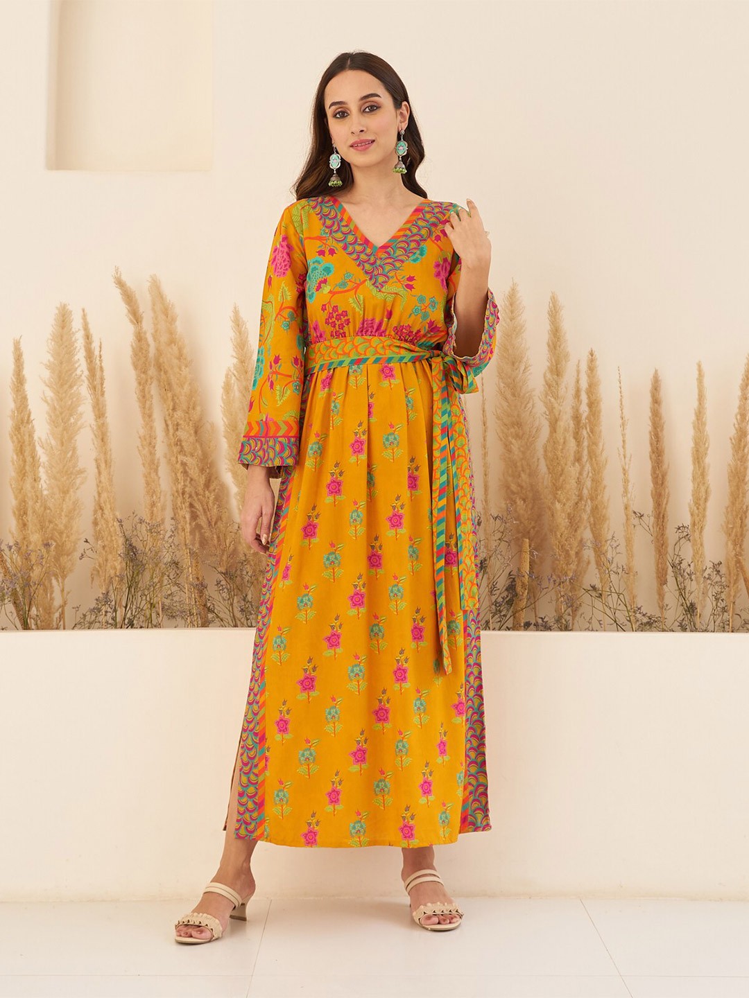 

Rustorange Floral Printed Cotton V-Neck Maxi Dress With Belt, Mustard