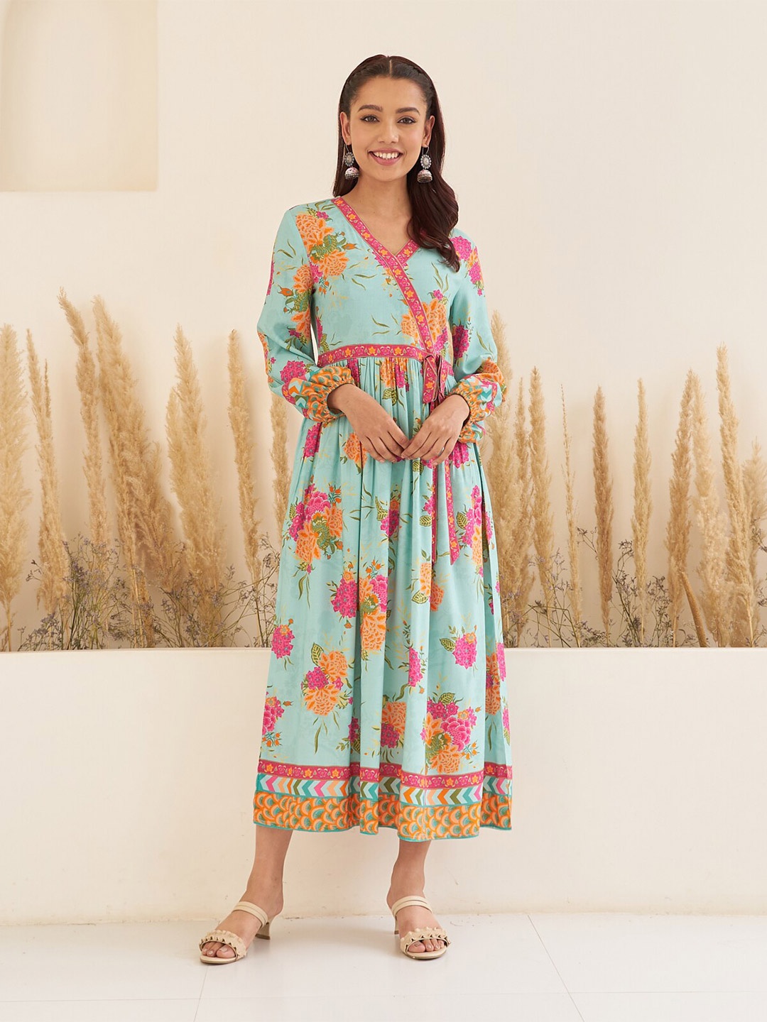 

Rustorange Floral Printed Cotton Tie-Ups Wrap Maxi Dress, Sea green